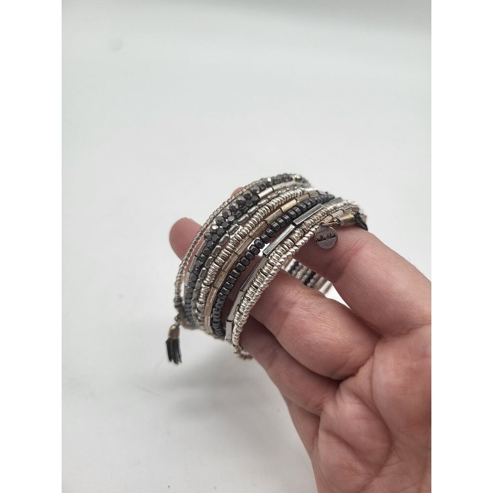 Stella & Dot Celine Silver Beaded Coil Wrap Bracelet Bling with Tassels Hematite - Picture 7 of 8